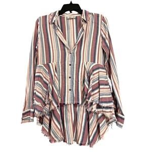 True Craft Striped Boho Button Front Top XS Fringe Hem